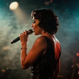 a close up photograph of a singer on stage, with her back behind her, 1 9 3 0 s jazz club, smoke - filled room
