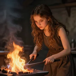 idealistic portrait of a young girl working in a blacksmith's forge, clear eyes, fair skin, beautiful hair, slender hands, fantasy art, fire, 8 k digital art, unreal engine, far away, in the style of fra angelico and h. r. giger,