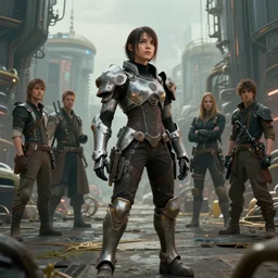 a portrait of a small women wearing sci-fi armour standing in the foreground of a steampunk city by Greg Rutkowski, Sung Choi, Mitchell Mohrhauser, Maciej Kuciara, Johnson Ting, Maxim Verehin, Peter Konig, final fantasy , mythical, 8k photorealistic, cinematic lighting, HD, high details, atmospheric,