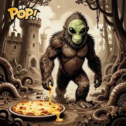 pop - wonder - nft alien - meat half - tone - art of a swamp - sasquatch - big - foot wading through the goopy - muck and slithering about the castle side delights on a melted cheesy day in a hand - drawn vector, svg, cult - classic - comic - style