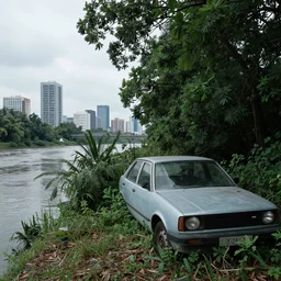 abandoned car on the right side of the image, overgrown in a thick forrest, a modern city in the background, and a river on the left of the image