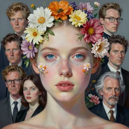 portrait of beautiful girl, blue eyes, covered in flowers by peter lindbergh, sam spratt, michael page, glenn brown, greg hildebrandt, brian froud, paolo roversi, kilart, artgerm, 8 k, hyper detailed, hyper realism, acrylic paint, surrealism, smooth, sharp focus.