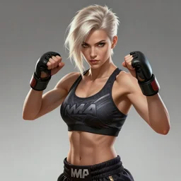 a highly detailed illustration of beautiful short platinum blonde haired woman wearing mma bra, heroic martial arts muay thai stance pose, muscular, intricate, elegant, highly detailed, centered, digital painting, artstation, concept art, smooth, sharp focus, league of legends concept art, WLOP