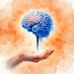 humanity handing over the baton to artificial intelligence, watercolor painting, orange and blue colours
