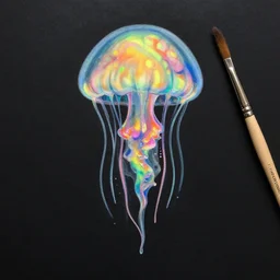 a limerence paintbrush brain jellyfish suspended in rainbow liquid ink, black paper, platonic, pareidolia, obscure, serendipity, atlantis, dan mumford, moebius, craig mullins,