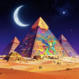 cosmic pyramids, crescent moon, desert journey, bright neon colors, highly detailed, cinematic, eyvind earle, tim white, philippe druillet, roger dean, ernst haeckel, lisa frank, aubrey beardsley, hiroo isono