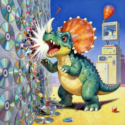agira ( アキラ ) is a ceratopsian - themed capsule monster goes to 6 0 s themed party crashing into wall of dvd discs, epic, fine art painting, by shigeru komatsuzaki