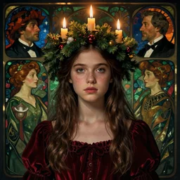 dark, realistic detailed portrait of 1 6 - year - old millie bobby brown or alicia vikander wearing a candle wreath as a crown at christmas, lit only by candlelight at night by alphonse mucha, william adolphe bouguereau, and donato giancola, dark art nouveau style, dark red and green colors