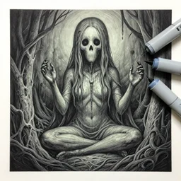 complex, black ink & copic markers, spiritual horror lsd art in muted colors, disturbing grunge still of a lovecraftian demon infested cashier at wallmart, by arthur adams, by tom bagshaw, by henry asencio, by kikuchi hideyuki
