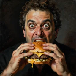 painting by franciso goya of guy fieri eating a greasy juicy burger dripping with cheese in the style of 'saturn devouring his son' wide eyes, piercing scary, wide mouth, thick brush strokes, dark, disturbing, hd, visible texture