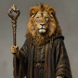 an anthropomorphic beautiful male wizard made of lion portrait holding a staff wearing stripes robe, dreadlock breed hair, fine art, award winning, intricate, elegant, sharp focus, octane render, hyperrealistic, cinematic lighting, highly detailed, digital painting, 8 k concept art, art by jamie hewlett and z. w. gu, masterpiece, trending on artstation, 8 k