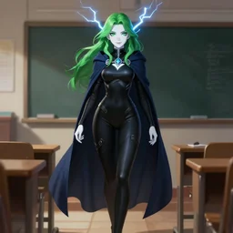 full body portrait of a female wizard in a classroom, skintight black bodysuit, black pants, dark blue cape, only two arms, green hair, attractive, green eyes, white face, cute smile, lightning, very detailed face, highly detailed, dnd, high fantasy, digital illustration, by rossdraws