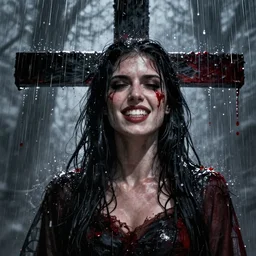 shadow of the cross, shameless woman whis impudent facial expression,  atmosphere of bloody rain, trending on artstation, highly detailed, digital painting, volumetric light, concept art, sharp focus, illustration