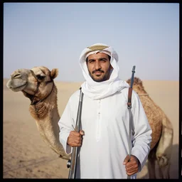 medium format photograph of bedouin with camel and rifle, ektachrome, hasselblad film shallow focus portrait, soft light photographed on expired color film,
