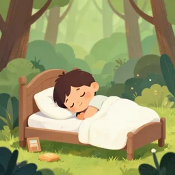 a beautiful illustration of a sleepy little cute boy going to his bed in a beautiful forest, digital art, trending on artstation