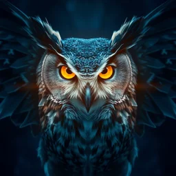 album cover art, artstation, symmetrical, sharp focus, blue night lighting, bright golden eyes in the night, closeup portrait of a gray owl attacking with spreaded wings, art by greg rutkowski, digital painting, cinematic lighting, illustration, cgsociety, alphonse mucha, concept art, highly detailed