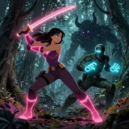 comic book cover of a ( woman with long hair swinging ( neon sword ) ) and ( soldier with ( glowing gloves and boots ) ) fighting a ( shadow demon creature ) in a forest, illustration, studio ghibli, digital art, dramatic, cinematic, trending on artstation