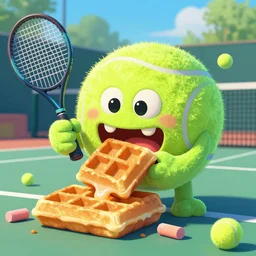 a tennis ball monsters eating waffles, colorful, digital art, fantasy, magic, chalk, trending on artstation, ultra detailed, professional illustration by basil gogos