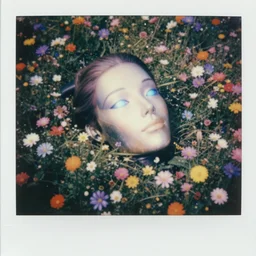 a giant female robot head resting in a field of multicolored iridescent flowers, polaroid, 1 9 8 0 s, motion blur, bioluminescent, grainy, expired film, aerial view