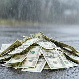 a pile of money in the rain