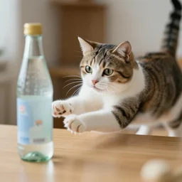 a cat pushes a bottle on the table