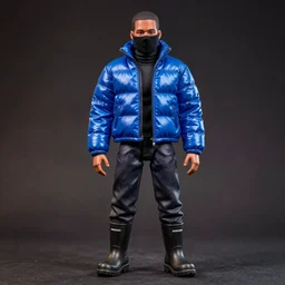 a goodsmile figure of kanye west using a full face covering black mask, a small, tight, undersized reflective bright blue round puffer jacket made of nylon, dark jeans pants and big black balenciaga rubber boots, figurine, detailed product photo