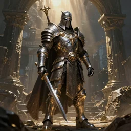 a full metal paladin in the style of peter andrew jones and tom bagshaw, heavy metal album cover, fantasy warrior, standing before ancient ruins
