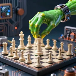 a green alien hand with yellow knuckles wearing a high tech bracelet picking up a chess piece bishop from a 3D chess board with a circuit board and components in the background