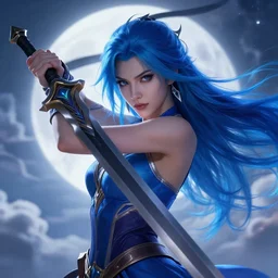 a beautiful fierce long blue haired woman wearing blue dress wielding black sword posing heroically, heavenly moonlit clouds background, close up shot, perfect hyperdetailed face, league of legends style, splash art, highly detailed, vray, artstation, extremely detailed woman, stunning volumetric lighting, hyper realism, fantasy 4k