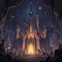 stylized digital illustration of a subterranean magic castle surrounded by a mote, by john berkey, magic the gathering art