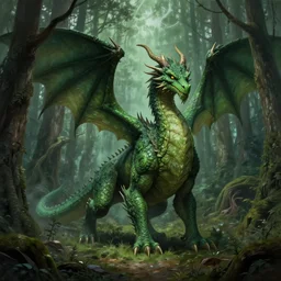 a large green dragon standing in the middle of a forest, a detailed matte painting by H.P. Lovecraft, featured on cgsociety, fantasy art, lovecraftian, concept art