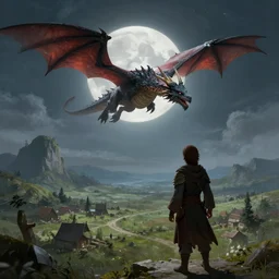 looking up at a dnd dragon flying in front of the moon over a small village, fantasy art, concept art, dnd