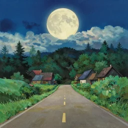 empty village runway panorama in the woods with dramatic sky and giant moon, painting by ghibli pixar disney ghibli gouache painting