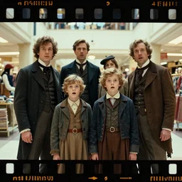 sharp, highly detailed, 16k film, 105mm film, high quality frame scan from a sci fi blockbuster color movie made in 2019, a family of four time travelers from 1860 travel in time to 2019, appearing in a shopping mall, looking surprised, the family are all wearing 1860s era clothes, good lighting, in focus, cinematic still, high quality scan, in focus, 35mm macro lens, oscar winner, award winning lighting, award winning photography