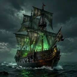 pirates ship in the sea bysintine, gothic, 4 k, smokey, green lights, atmospheric, environment, 4 k detail post processing, hyperealistic, unreal engine 5 render, photo realism ole thomas style, giovanni paolo panini style epic, volumetric light, symmetrical, insanely detailed, style of charlie bowater, kelly mckernan, unreal engine render, artstation trends, hyper detail, epic art style, cinematic, concept art