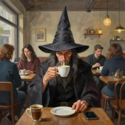 in the center foreground a wizard with a pointy hat sips his coffee by Ross Tran, people stare in the busy coffee shop, matte paiting by beeple and RHADS, ultra realistic, award winning, artstation, unreal render,