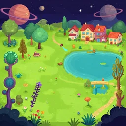in a park and next to a lake, in a small town on an alien planet, with strange alien plants and flowers, from a space themed Serria point and click 2D graphic adventure game, made in 2019, high quality, digital art