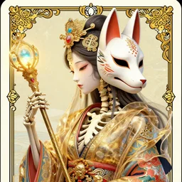 3 d goddess close - up profile portrait of a skeleton intricately carved and decorated, draped in diaphanous gilded fabric, holding a scepter with glowing gems + beautiful intricately detailed + ornamented japanese crow kitsune mask and kimono!, transcendent, vibrant color, clean linework, finely detailed, tarot card with ornate border frame, 4 k, trending on artstation, volumetric lighting, octane render