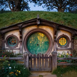 realistic macro photo of architecture of hobbiton house with highly intricate door, small garden with gate, evening, highly detailed matte painting, by stanley artgerm lau, greg rutkowski, thomas kinkade, alphonse mucha, loish, norman rockwell, artstation