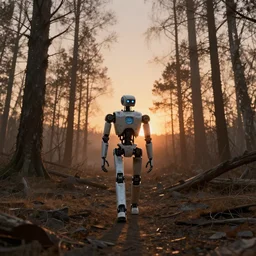 panoramic photo of a robot walking through a post apocalyptic forest, sunset, lonely, 4 k, concept art