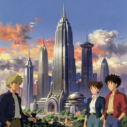 concept art image of a fantastic detailed dmt skyscraper amidst a futuristic city against a colorful sky, by sid mead, by anton fadeev, by denise scott brown, by studio ghibli, anime cell shaded, concept art