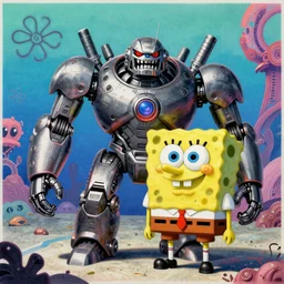 A hybrid between SpongeBob SquarePants and Mechagodzilla, haunting maximillien tuor painting with photoshop halftone highlights | chromatic risograph print,