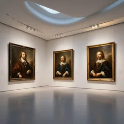 interior futuristic art gallery wide angle highly detailed by santiago calatrava, three wall hanging paintings famous pieces by rembrandt!, captivating 8 k hdr, octane render godrays hyperrealism