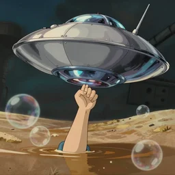 realistic interior shot from howls moving castle ( 2 0 0 4 ) a hand clinging to a rocketing reflective silver ufo. bubble in a flooded desert. cartoon depth of field.