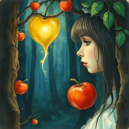 perfect expression, subconscious connects, purified consciousness, refined detailed watercolor, resolute girl, realistic magic apple, mystical dark forest, nostalgic fairytale, magic realism, regal face, vivid colors, charles vess, anato finnstark, cinematic lighting, kay nielsen, jean giraud, leyendecker
