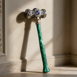 realistic beautiful hdr photograph of a royal sledgehammer decorated with gemstones and a malachite handle, leaning against a fancy mansion wall