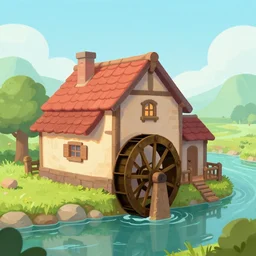 a cozy building with a waterwheel next to a river, from a fantasy point and click 2 d graphic adventure game, art inspired by john shroades, king's quest, sierra entertainment games, colorful landscape painting