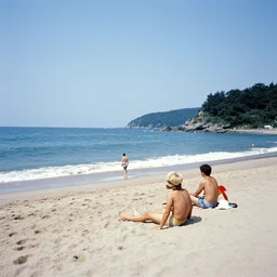 Japan 1970's beach, color photo by Slim Aarons