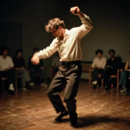 a smudged, grainy and blurry photograph showing the whole body of a man dynamically and frenetically dancing in a dark room, taken with soviet flash camera at slow shutter speed