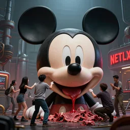 a group of people working on a giant mickey mouse bloody head, and meat by beeple, cgsociety, a netflix sign in the background, dystopian art, by industrial light and magic, vfxfriday, 3 d render 8 k, detailed